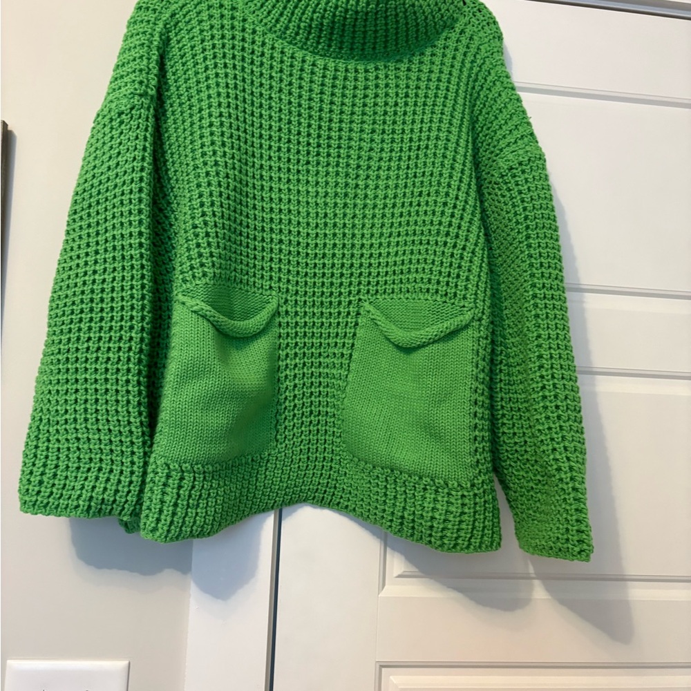 Vibrant Green Cowl Neck Sweater with Pockets